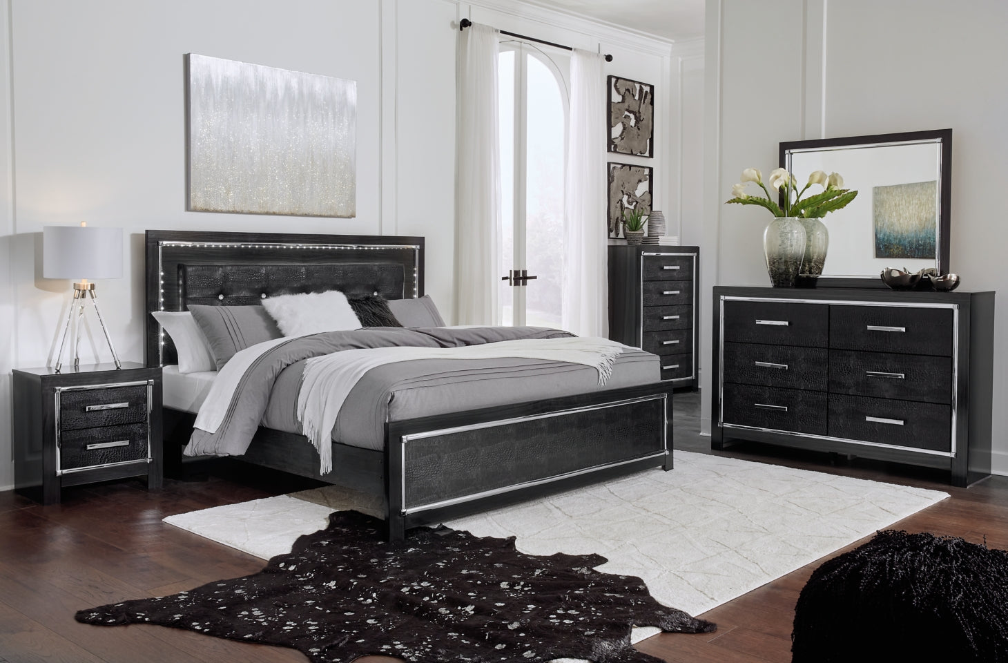 Kaydell King Upholstered Panel Bed with Mirrored Dresser and 2 Nightstands - PKG002812