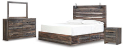 Drystan King Panel Bed with 2 Storage Drawers with Mirrored Dresser and Nightstand