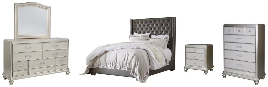 Coralayne California King Upholstered Bed with Mirrored Dresser, Chest and Nightstand - PKG007830