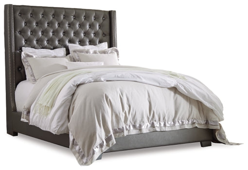 Coralayne Queen Upholstered Bed with Mirrored Dresser, Chest and 2 Nightstands - PKG007776