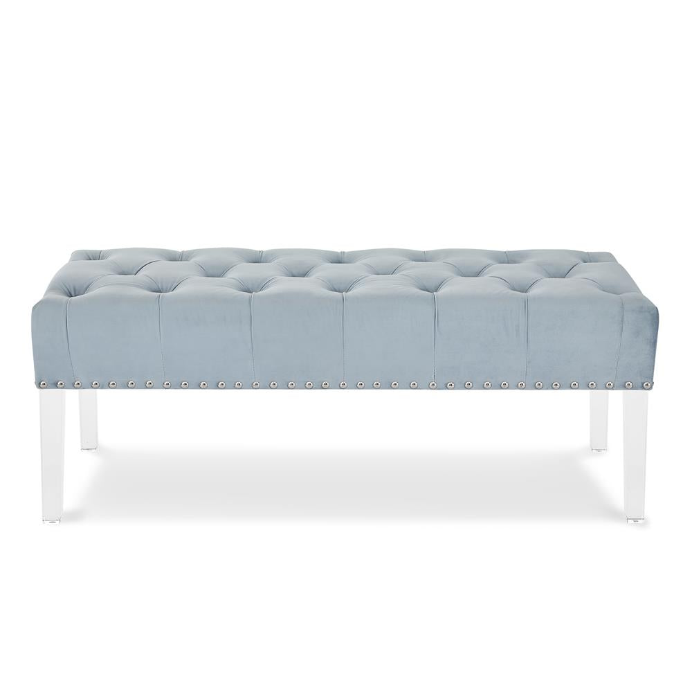 VIVIAN LIGHT BLUE VELVET BENCH WITH CRYSTAL BUTTONS